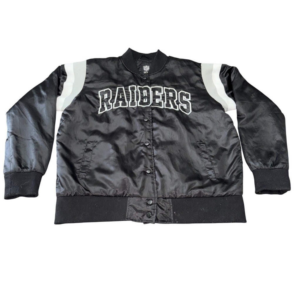 NFL Las Vegas Raiders Satin Jacket Mens XL Black Snap Bomber Varsity Coat - Picture 1 of 8